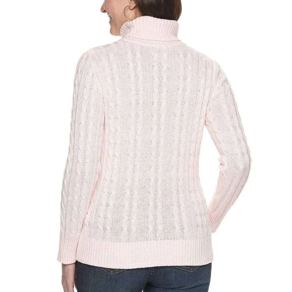 CROFT & BARROW Cable Knit Turtleneck Sweater Light Pink Baby Pink Cotton Blend L - Picture 4 of 16
